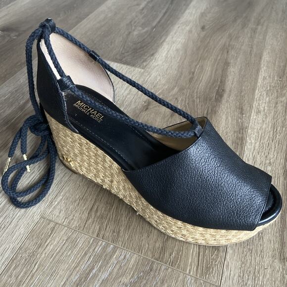 Michael Kors Espadrilles Platform Sandals Sz 8 Black Leather Tie-up - Picture 1 of 15